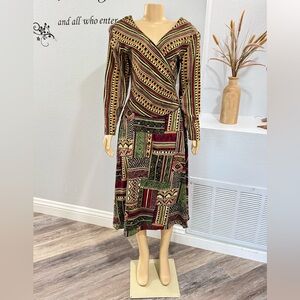 Vintage SUNSHINE STARSHINE 80's Retro Fit & Flare Midi Dress Size 10 Geometric